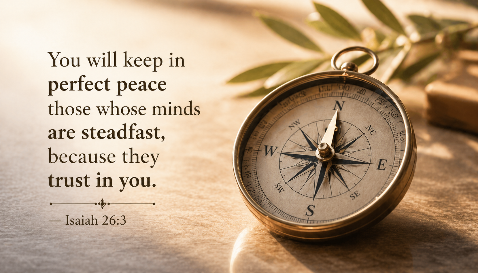 Bible verse wallpaper Isaiah 26:3 with compass needle pointing true north in warm soft light